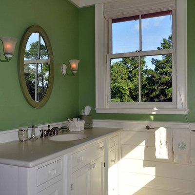 Large elegant dark wood floor bathroom photo in Atlanta with an undermount sink, shaker cabinets, white cabinets and green walls