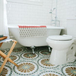 Bathroom - small eclectic white tile and subway tile cement tile floor and multicolored floor bathroom idea in Denver with a pedestal sink