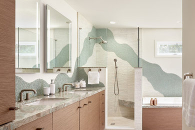 Inspiration for a contemporary porcelain tile, white floor and double-sink bathroom remodel in San Francisco with brown cabinets, a hot tub, an undermount sink, quartz countertops and a built-in vanity