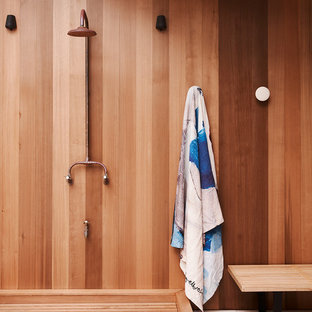 Design ideas for a contemporary bathroom in Sydney with an open shower, brown walls, white floor and an open shower.