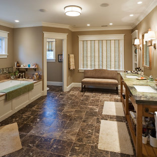 Inspiration for an expansive traditional master bathroom in DC Metro with an undermount sink, open cabinets, an undermount tub, a corner shower, brown tile, brown walls and green benchtops.