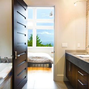 Modelo de cuarto de baño contemporáneo con lavabo bajoencimera, armarios con paneles lisos, puertas de armario de madera en tonos medios, bañera encastrada y baldosas y/o azulejos grises