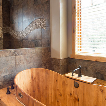 Brasada Ranch custom designed master bathroom wood soaking tub no door shower