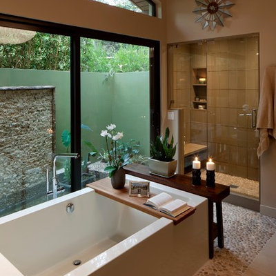 Mid-sized 1950s master brown tile and porcelain tile pebble tile floor bathroom photo in Los Angeles with beige walls
