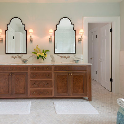 Large elegant master white tile and stone tile mosaic tile floor and white floor freestanding bathtub photo in Portland with an undermount sink, dark wood cabinets, gray walls, marble countertops and recessed-panel cabinets