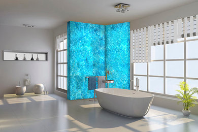 Ejemplo de cuarto de baño actual con baldosas y/o azulejos azules