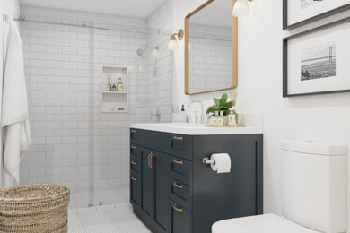 Bathroom - coastal 3/4 white tile and subway tile mosaic tile floor and white floor bathroom idea in Other with shaker cabinets, blue cabinets, a two-piece toilet, white walls, an undermount sink, quartzite countertops and white countertops