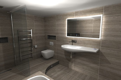 Photo of a large modern bathroom in Gloucestershire with recessed-panel cabinets, a built-in bath, a wall mounted toilet, grey tiles, porcelain tiles, grey walls, porcelain flooring, a wall-mounted sink, grey floors and an open shower.