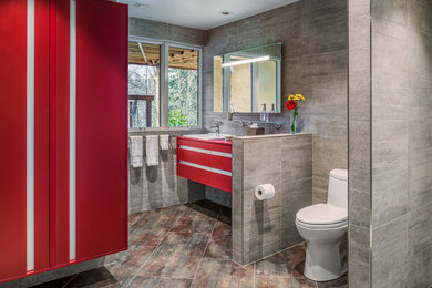 Inspiration for a contemporary ceramic tile and gray tile bathroom remodel in Philadelphia with a drop-in sink, flat-panel cabinets and red cabinets