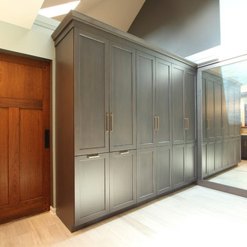 Built in Closet with Tilt Out Hampers with Gray Maple Stain