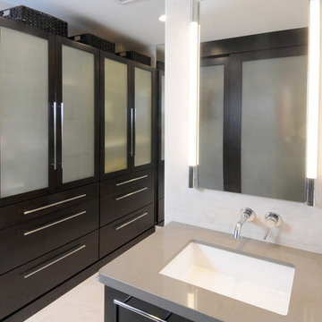 Built In Closets with Drawer Storage Below in Master Bathroom