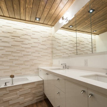 Built in Vanity, Wood Ceiling, Recessed Lighting, Contemporary Bathroom