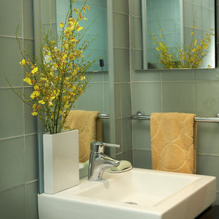 This is an example of a small contemporary 3/4 bathroom in Miami with a vessel sink, open cabinets, dark wood cabinets, marble benchtops, a freestanding tub, a double shower, a one-piece toilet, white tile, glass tile, white walls and marble floors.