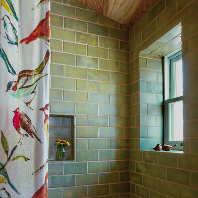 Example of a mid-sized mountain style green tile and ceramic tile bathroom design in Other