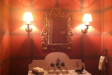 Medium sized mediterranean bathroom in Los Angeles with open cabinets.
