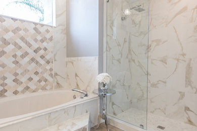 Large transitional master white tile and porcelain tile porcelain tile and beige floor bathroom photo in Orlando with raised-panel cabinets, blue cabinets, a two-piece toilet, gray walls, a vessel sink, quartz countertops and a hinged shower door