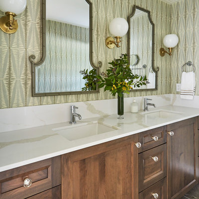 Bathroom - large transitional kids' marble floor and gray floor bathroom idea in San Francisco with dark wood cabinets, green walls, an undermount sink, quartz countertops, white countertops and recessed-panel cabinets