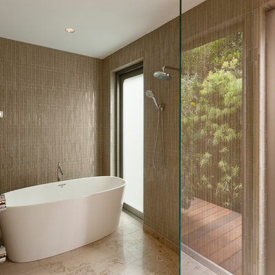 Example of a trendy brown tile and glass tile bathroom design in Santa Barbara