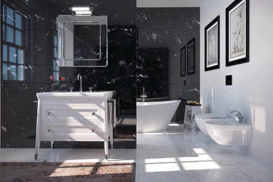 Medium sized traditional bathroom in London with a console sink, white cabinets, a freestanding bath, a wall mounted toilet, black walls and marble flooring.