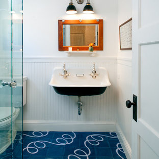 Example of a mid-sized farmhouse kids' ceramic tile and blue floor bathroom design in Los Angeles with a trough sink, a two-piece toilet and white walls