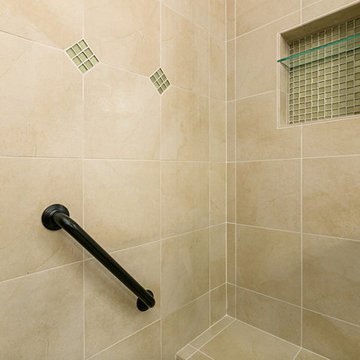 Carlsbad Master Bathroom with Green Mosaic Tiles and Grab Bar
