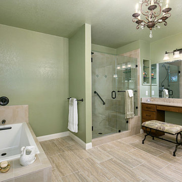 Carlsbad Master Bathroom Built In Bathtub Glass Shower Enclosure and Built In Va