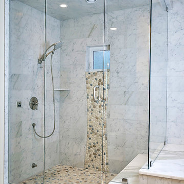 Carrara Marble Shower with River rock pebbles