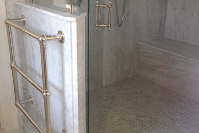 Example of a large classic multicolored tile corner shower design in Boston with white walls