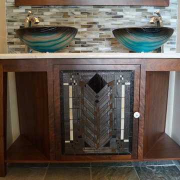 Carrara Vanity top with Glass Bowls and Glass Mosaic Tile