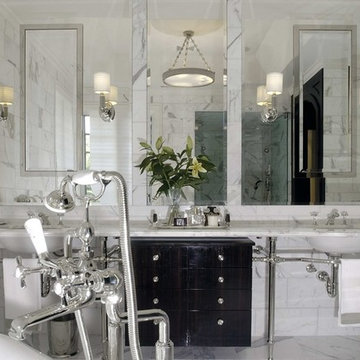 Carrera Marble Master Bath with Open Sink Base and Furniture Style Vanity