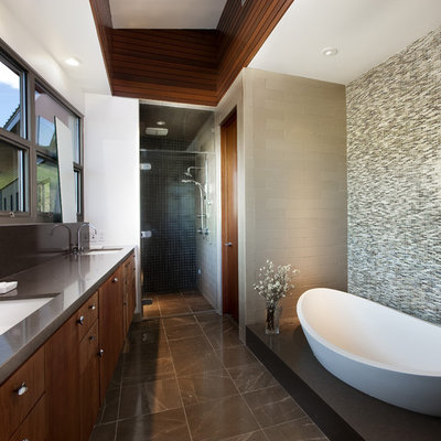 Inspiration for a mid-sized contemporary master green tile and mosaic tile marble floor bathroom remodel in Los Angeles with dark wood cabinets, flat-panel cabinets, beige walls, an undermount sink and quartz countertops