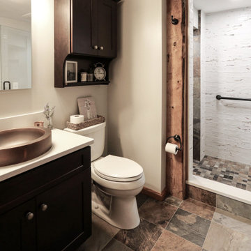 Century Home Farmhouse Masterbath with Vessel Sink and Tiled Shower