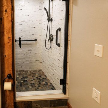 Century Home Farmhouse Masterbath with Vessel Sink and Tiled Shower