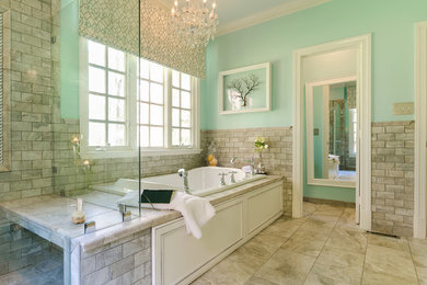 Design ideas for a large classic ensuite bathroom in Richmond with a submerged sink, flat-panel cabinets, white cabinets, granite worktops, a built-in bath, a built-in shower, a two-piece toilet, grey tiles, mosaic tiles, green walls and porcelain flooring.