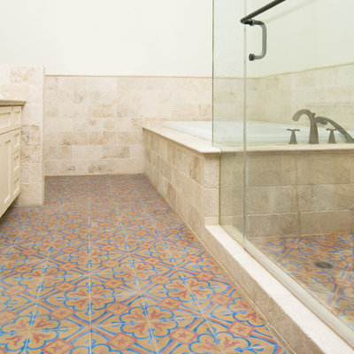 Inspiration for a contemporary beige tile and stone tile cement tile floor and multicolored floor drop-in bathtub remodel in Los Angeles with shaker cabinets, beige cabinets, white walls and beige countertops