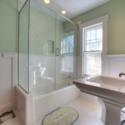 Inspiration for a mid-sized craftsman green tile and ceramic tile mosaic tile floor alcove bathtub remodel in Seattle with a pedestal sink and green walls