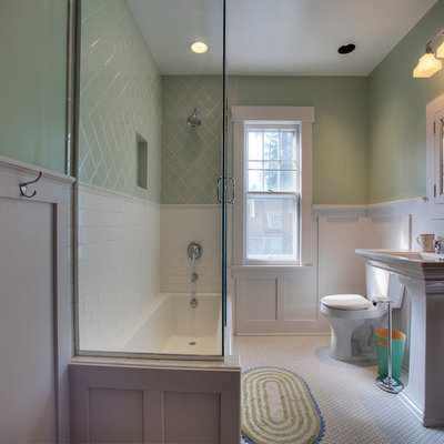 Alcove bathtub - mid-sized craftsman green tile and ceramic tile mosaic tile floor alcove bathtub idea in Seattle with a pedestal sink and green walls
