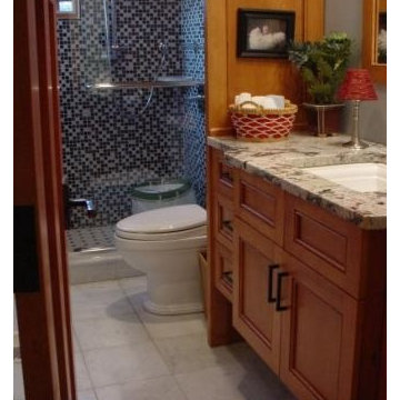 Cherry, Marble and Glass Tile combine with Transitional Fittings and fixtures
