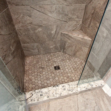 Cherry Onyx Vanity with Cambria Bellingham Countertops and Gray Tiled Shower