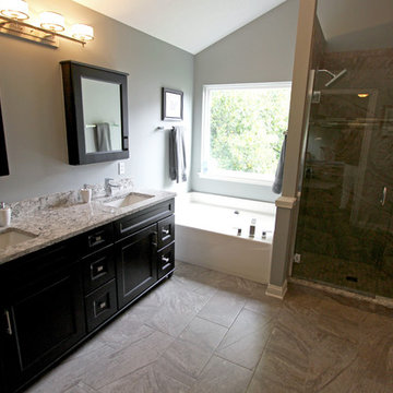 Cherry Onyx Vanity with Cambria Bellingham Countertops and Gray Tiled Shower