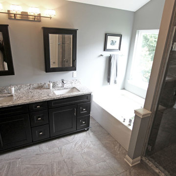 Cherry Onyx Vanity with Cambria Bellingham Countertops and Gray Tiled Shower