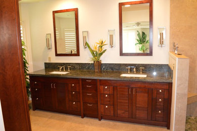 Bathroom - traditional bathroom idea in Other with shaker cabinets and medium tone wood cabinets