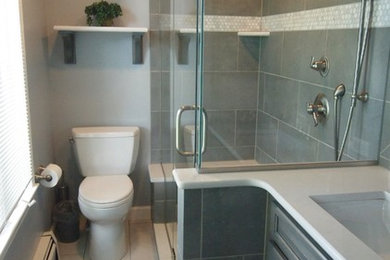 Inspiration for a small timeless master gray tile and ceramic tile ceramic tile and white floor alcove shower remodel in Baltimore with raised-panel cabinets, gray cabinets, a two-piece toilet, gray walls, an undermount sink, quartzite countertops and a hinged shower door