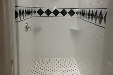 Mid-sized elegant master multicolored tile and subway tile porcelain tile walk-in shower photo in Baltimore