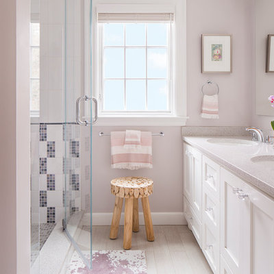 Inspiration for a transitional kids' white tile and porcelain tile porcelain tile alcove shower remodel in Boston with an undermount sink, shaker cabinets, white cabinets, terrazzo countertops and pink walls