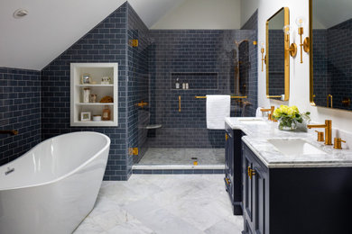Example of a large transitional bathroom design in Boston with a freestanding vanity