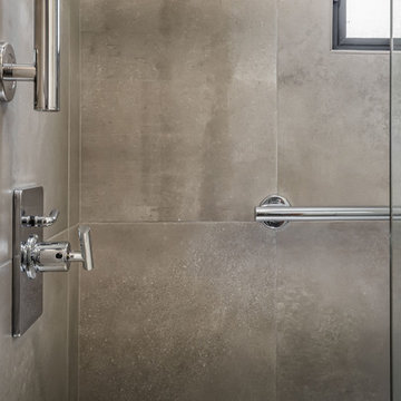 Chrome Shower Fixtures and Grab Bars in Small Modern Bathroom
