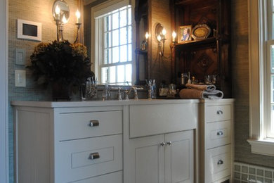 Example of a country master multicolored tile porcelain tile bathroom design in Other with furniture-like cabinets, beige cabinets and marble countertops