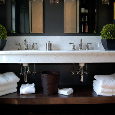 Inspiration for a large contemporary master gray tile and white tile dark wood floor bathroom remodel in Chicago with open cabinets, dark wood cabinets, an undermount sink, quartz countertops, a two-piece toilet and black walls
