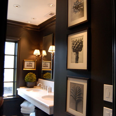 Bathroom - large transitional master gray tile and white tile dark wood floor bathroom idea in Chicago with open cabinets, dark wood cabinets, an undermount sink, quartz countertops, a two-piece toilet and black walls